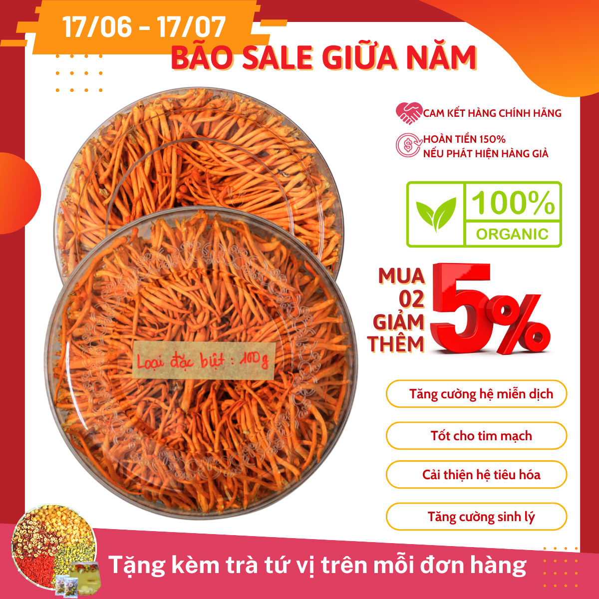 Hộp 100g Đông trùng hạ thảo sấy thăng hoa Mộc Tâm An giúp tăng cường sức khỏe, ổn định tim mạch và huyết áp