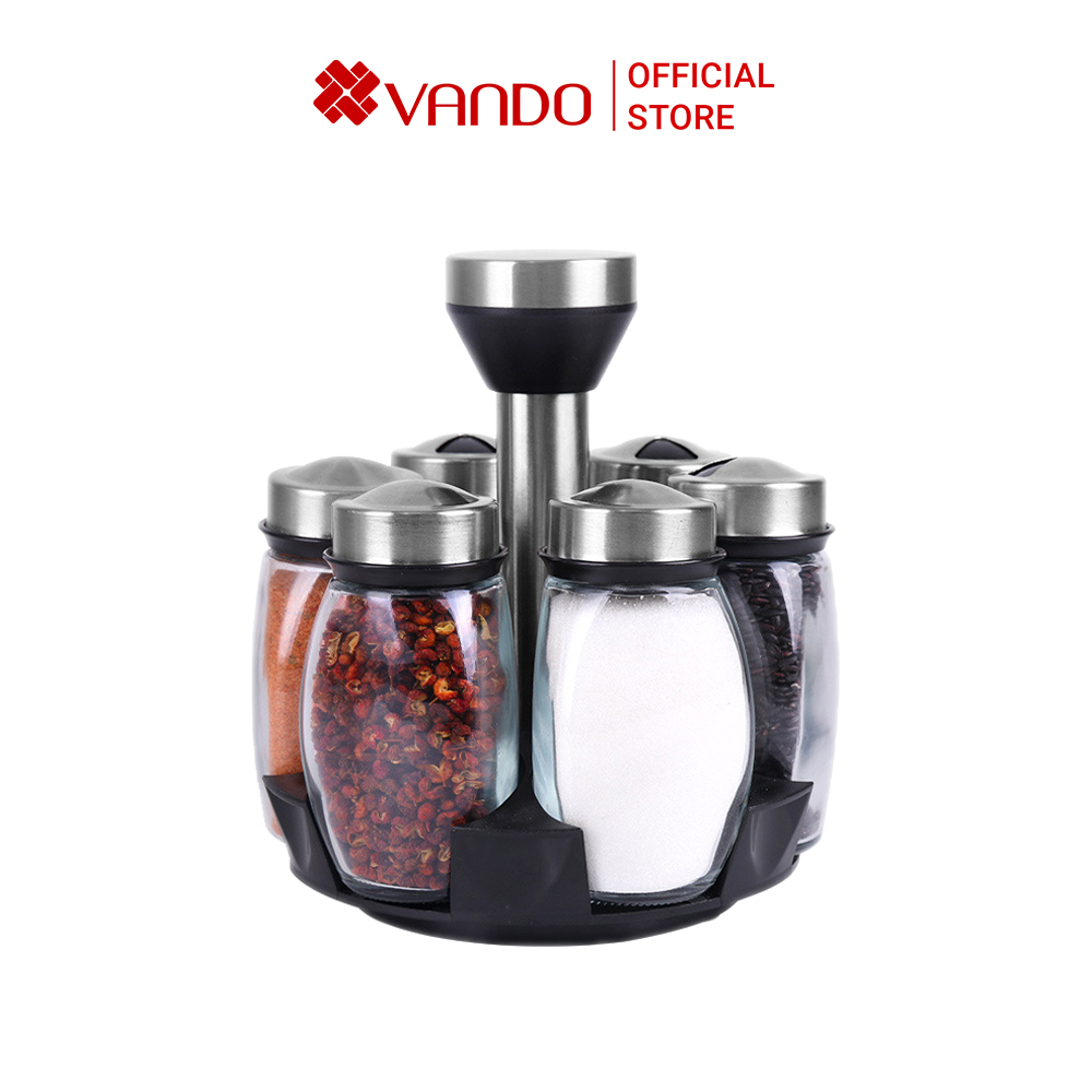 Bộ 6 Lọ Đựng Gia Vị Thủy Tinh Chống Vỡ Kèm Giá Để Xoay 360 Độ VANDO, Kệ Gia Vị Nhỏ Thông Minh Tiện Lợi