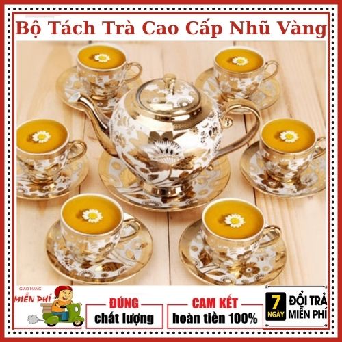 Bộ ấm trà nhũ vàng - bộ tách trà nhũ vàng 1 bình + 6 ly + 7 dĩa lót. bh 1 đổi 1 nếu quá trình vận chuyển bị lỗi bỡ.