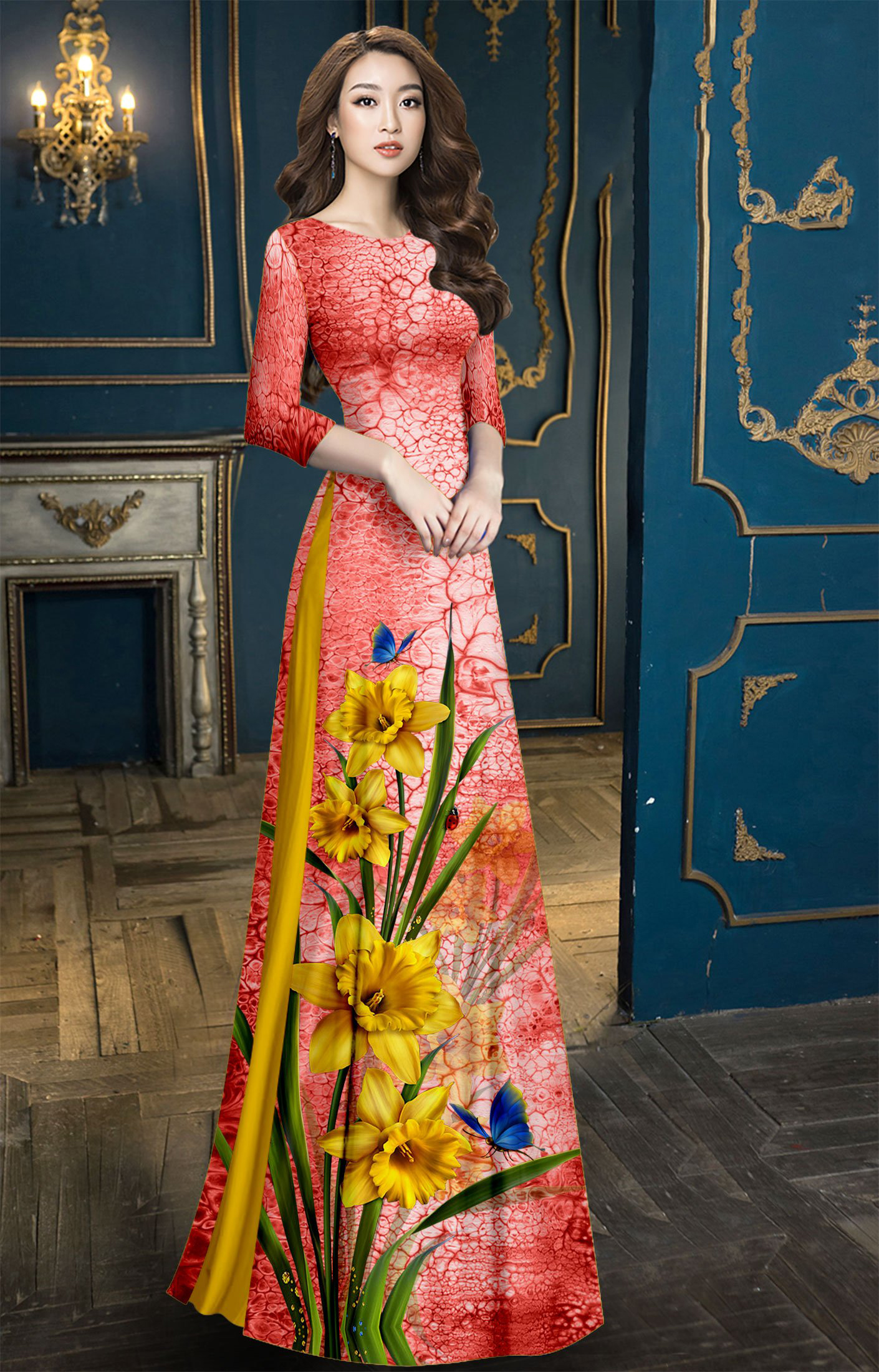 SÉT ÁO DÀI GẤM LỤA TRUYỀN THỐNG IN HOA & VÂN ĐÁ