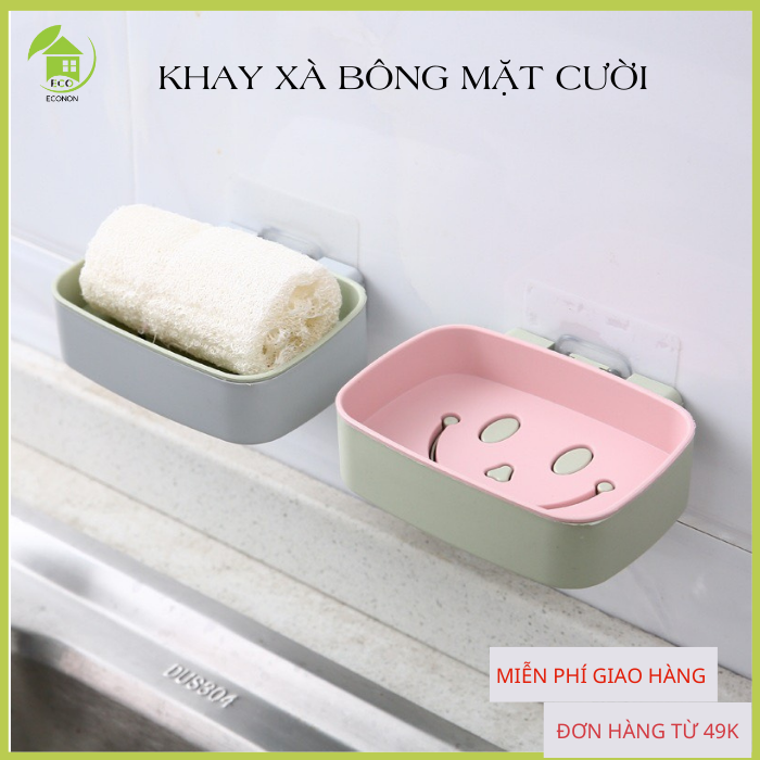 Gía để bánh xà phòng, kệ để xà bông tắm dán tường 2 lớp đáy kín hình mặt cười-econon