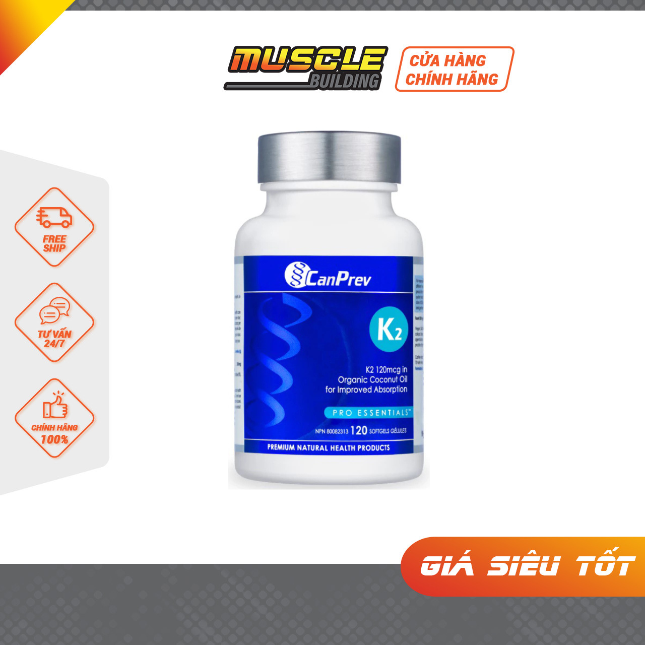 Canprev Vitamin K2 MK-7 120mcg 120 Viên Softgels - Giúp Xương Chắc Khoẻ, Giảm Nguy Cơ Loãng Xương, Bảo Vệ Tim Mạch