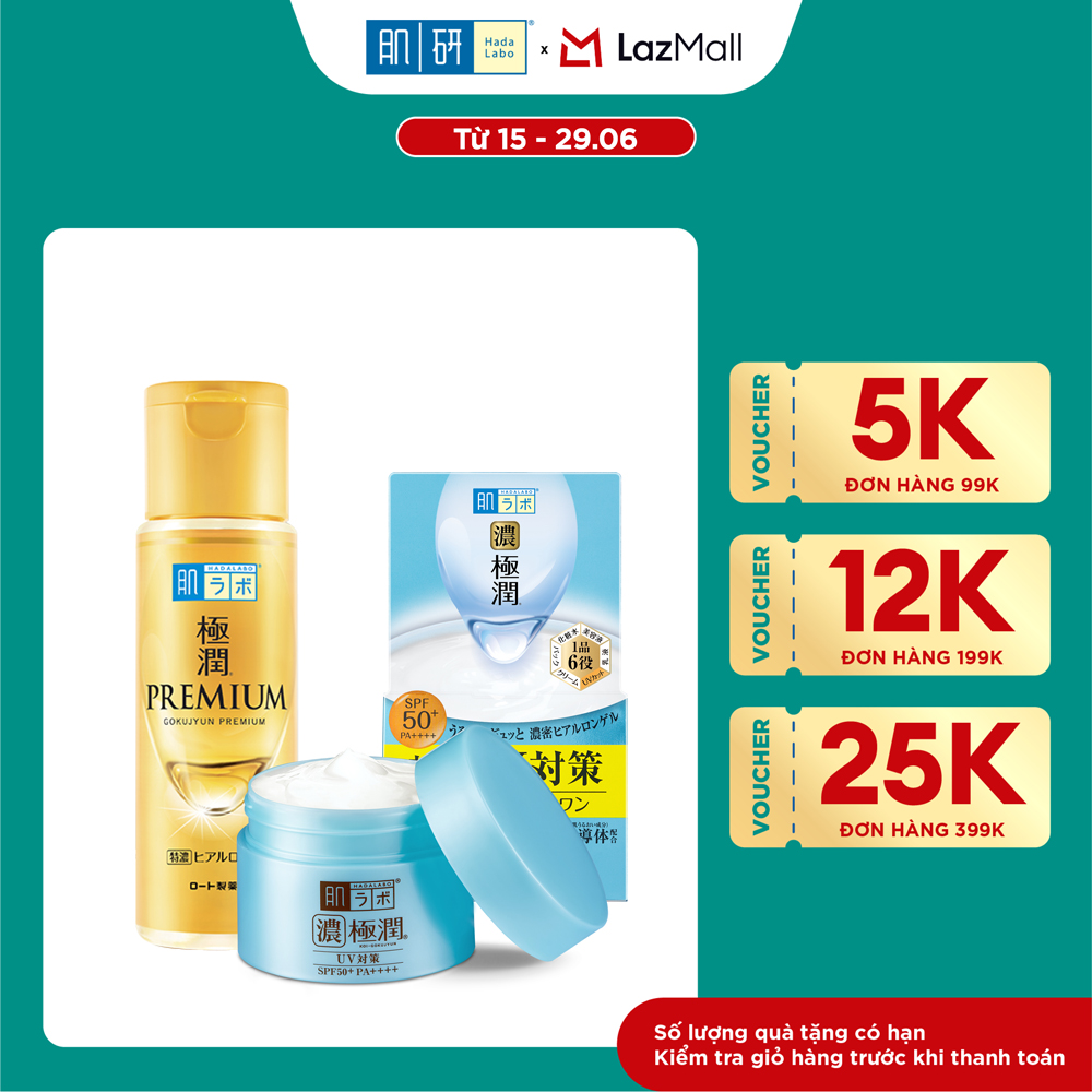[VB] Bộ đôi dưỡng da ẩm mịn Hada Labo Koi-Gokujyun Nhập khẩu( Kem dưỡng ẩm chống nắng UV White Gel 90g + Dung dịch dưỡng ẩm tối ưu Premium Lotion 170ml)