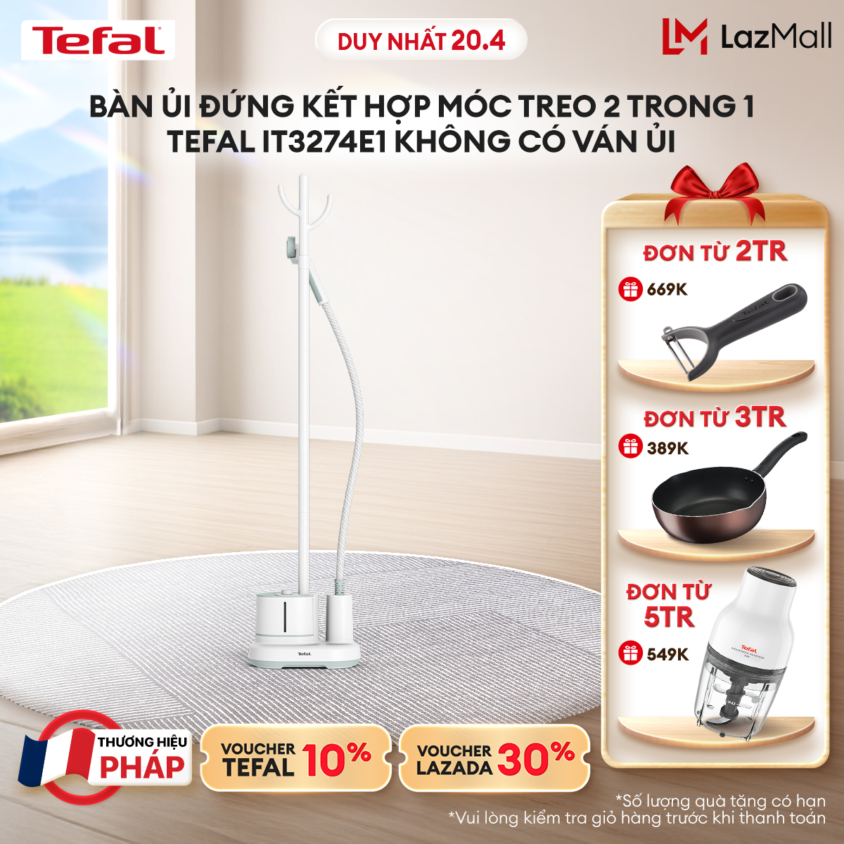 [NHẬP MÃ TEFALOFF30T4 GIẢM 30%] Bàn ủi đứng kết hợp móc treo 2 trong 1 Tefal IT3274E1