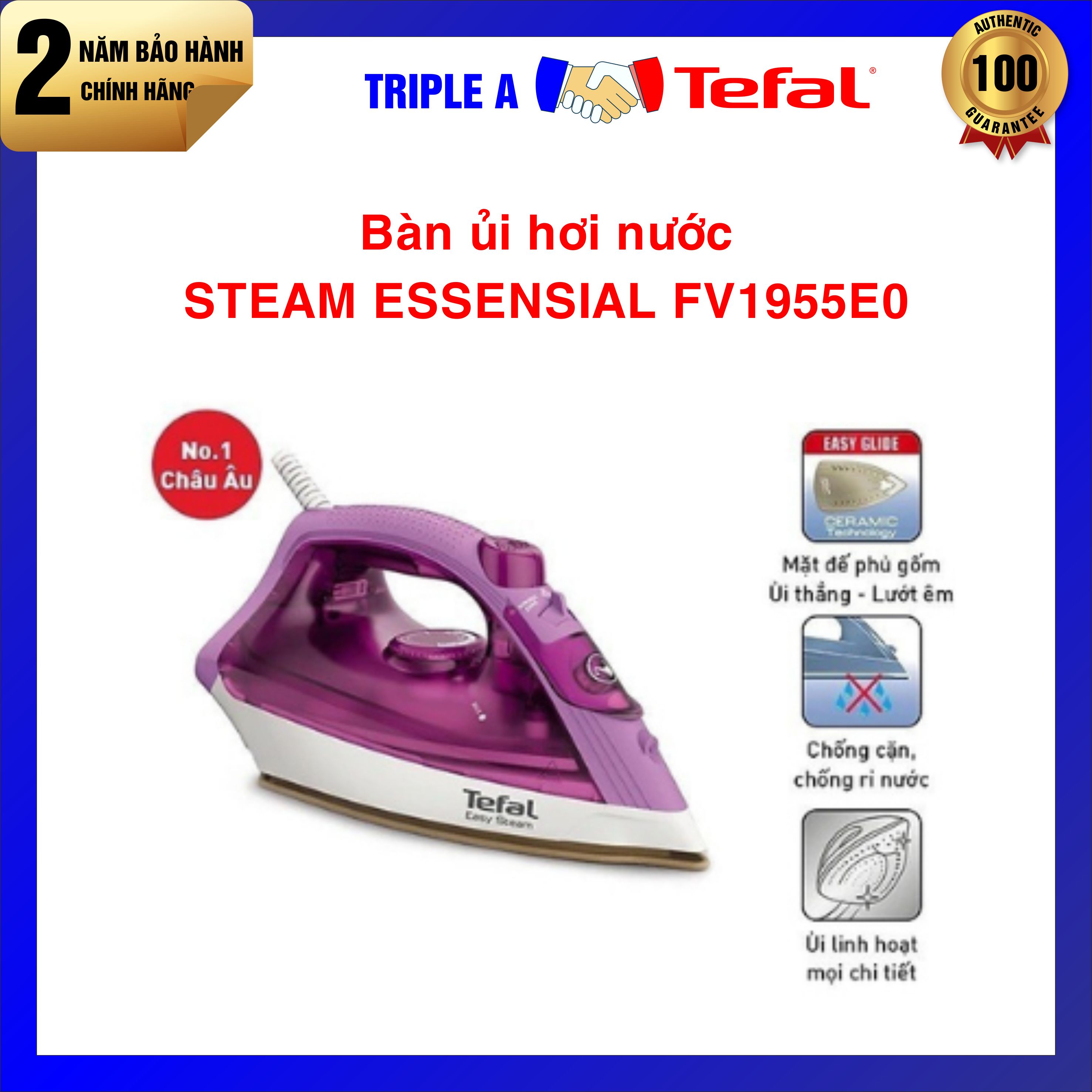 Bàn ủi hơi nước tefal easy steam fv1955e0 1400w