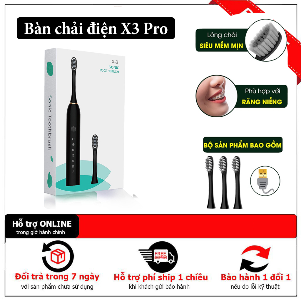 Bàn chài điện Sonic X3 Pro model 2021, 6 chế độ làm sạch, tặng kèm 4 đầu chải