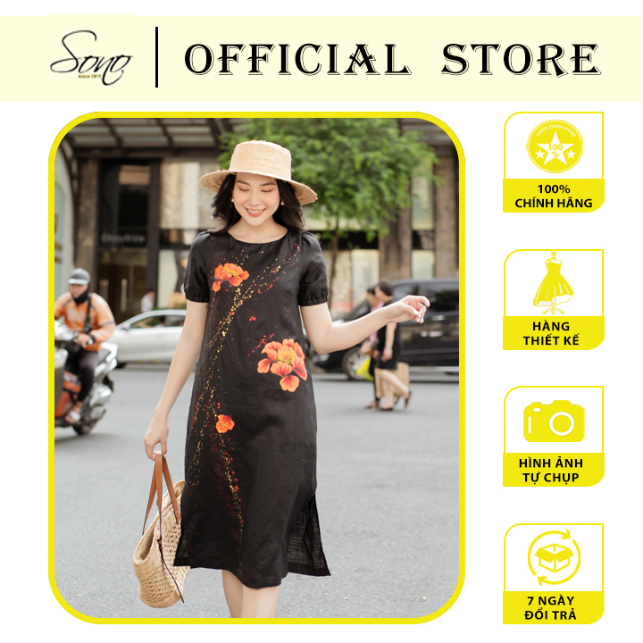 Sono - đầm linen vẽ hoa cam dáng dài thanh lịch