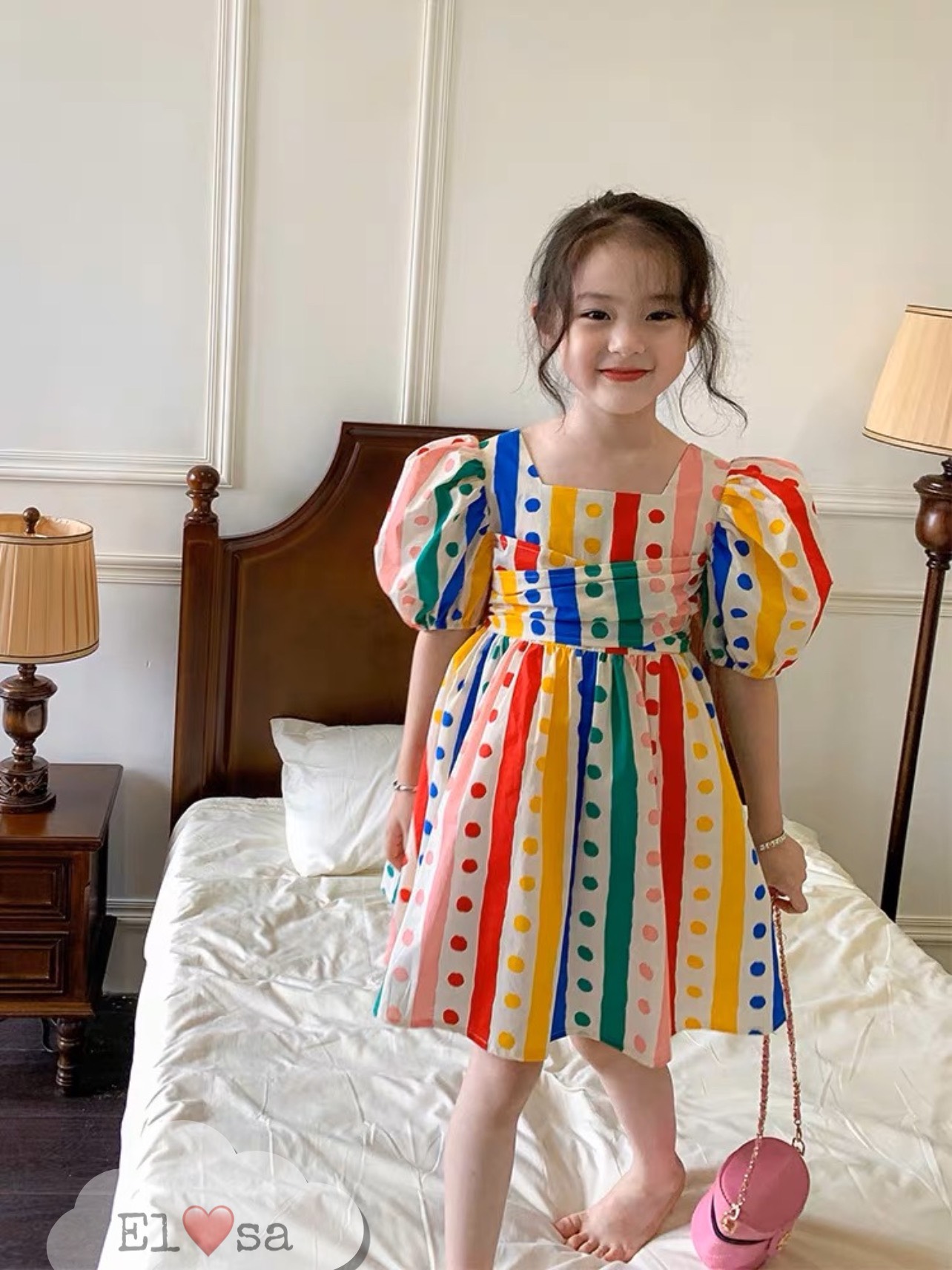 Váy bé gái - váy chấm bi cầu vồng siêu xinh cho bé 1-7 tuổi