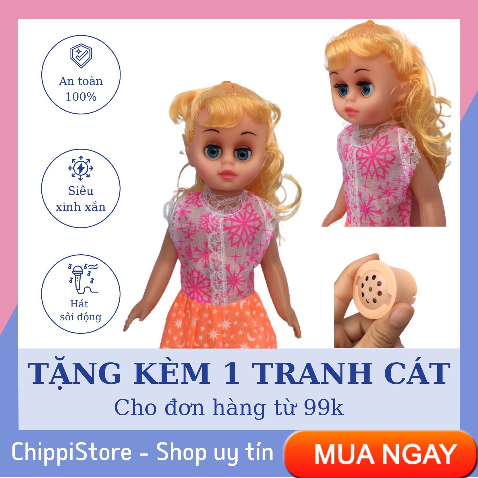 Đồ chơi búp bê Barbie biết hát, búp bê tóc vàng cao 35cm, mắt chớp kèm âm thanh siêu hay