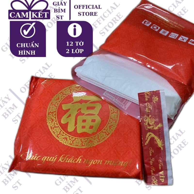 Thùng 100 gói giấy ăn đám cưới, ăn tiệc 12 tờ/gói x 2 lớp đỏ chữ hỉ có kèm tăm