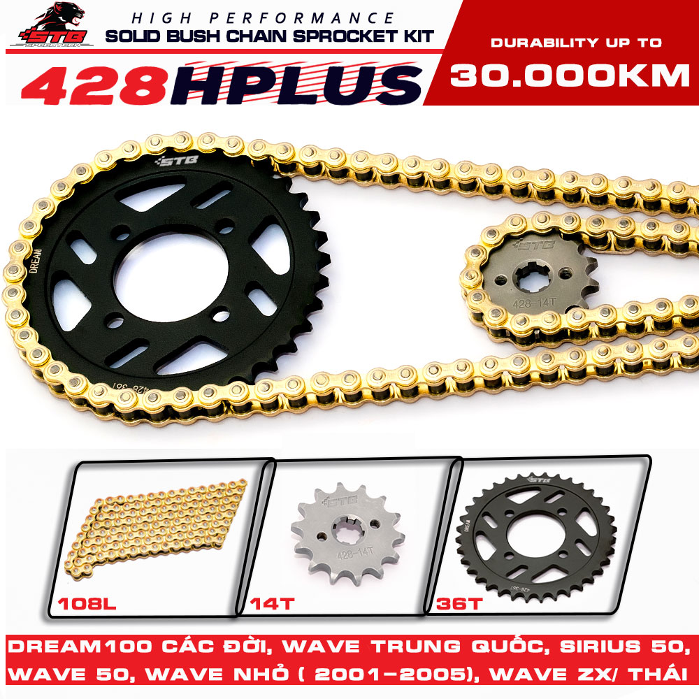 Genuine Stb Sprocket and Chain Set 428Hplus C45 Steel Alloy, Cast Roller, Durable for Many Vehicle Models Giá 175,000 Đồng*Miễn phí vận chuyển
