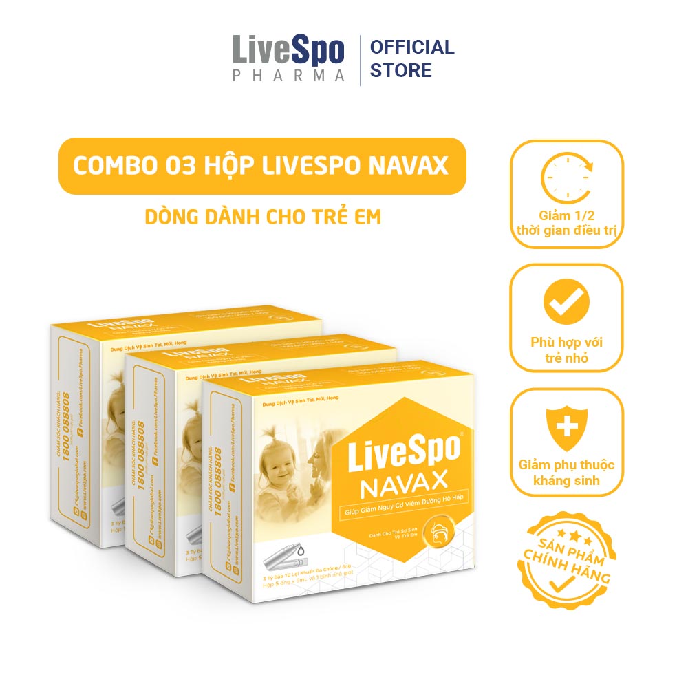 Combo 3 hộp nước muối sinh lý bào tử lợi khuẩn LiveSpo NAVAX KIDS - Nhỏ mũi dành cho trẻ nhỏ - Hộp 5 ống x 5ml