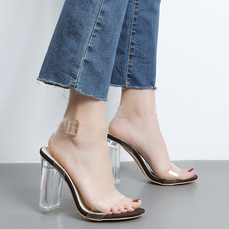 Giày sandal quai ngang mika gót vuông trong cao 9cm