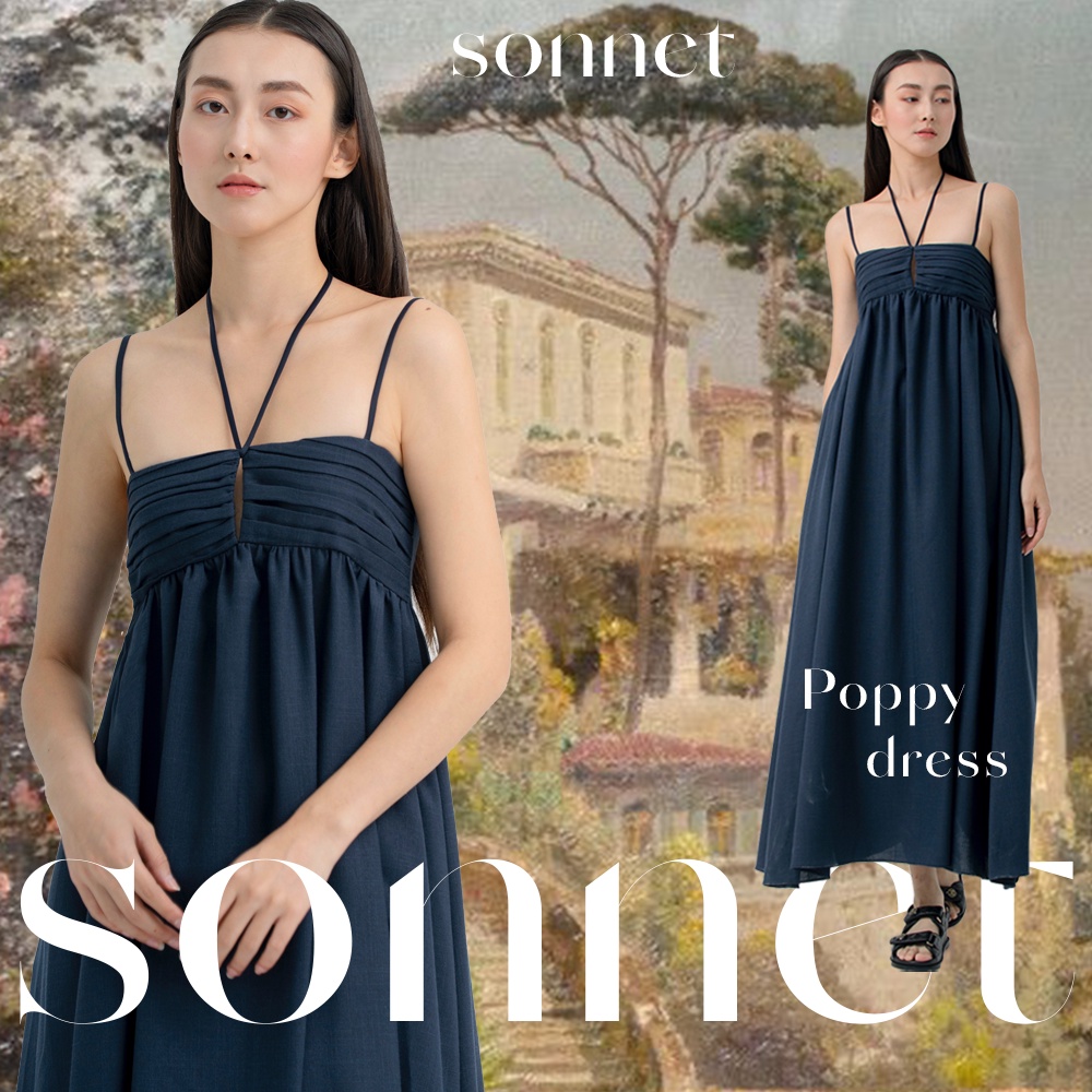 Đầm maxi 2 dây dáng baby doll chất liệu linen phong cách trẻ trung poppy dress sonnet, váy maxi đũi màu xanh đen
