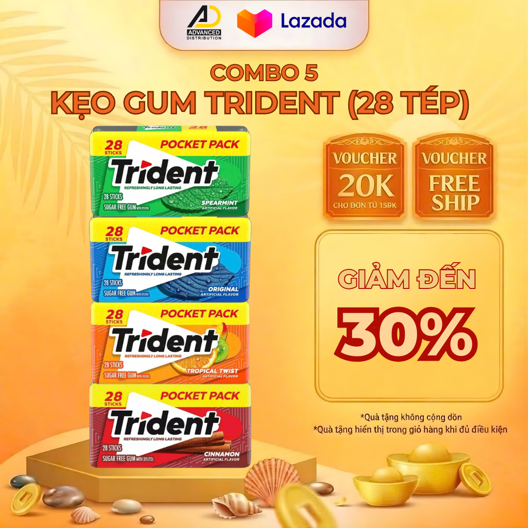 COMBO 5 Kẹo Gum Trident - Nguyên Bản - Bạc Hà - Trái Cây - Quế - Hôp 28 Tép