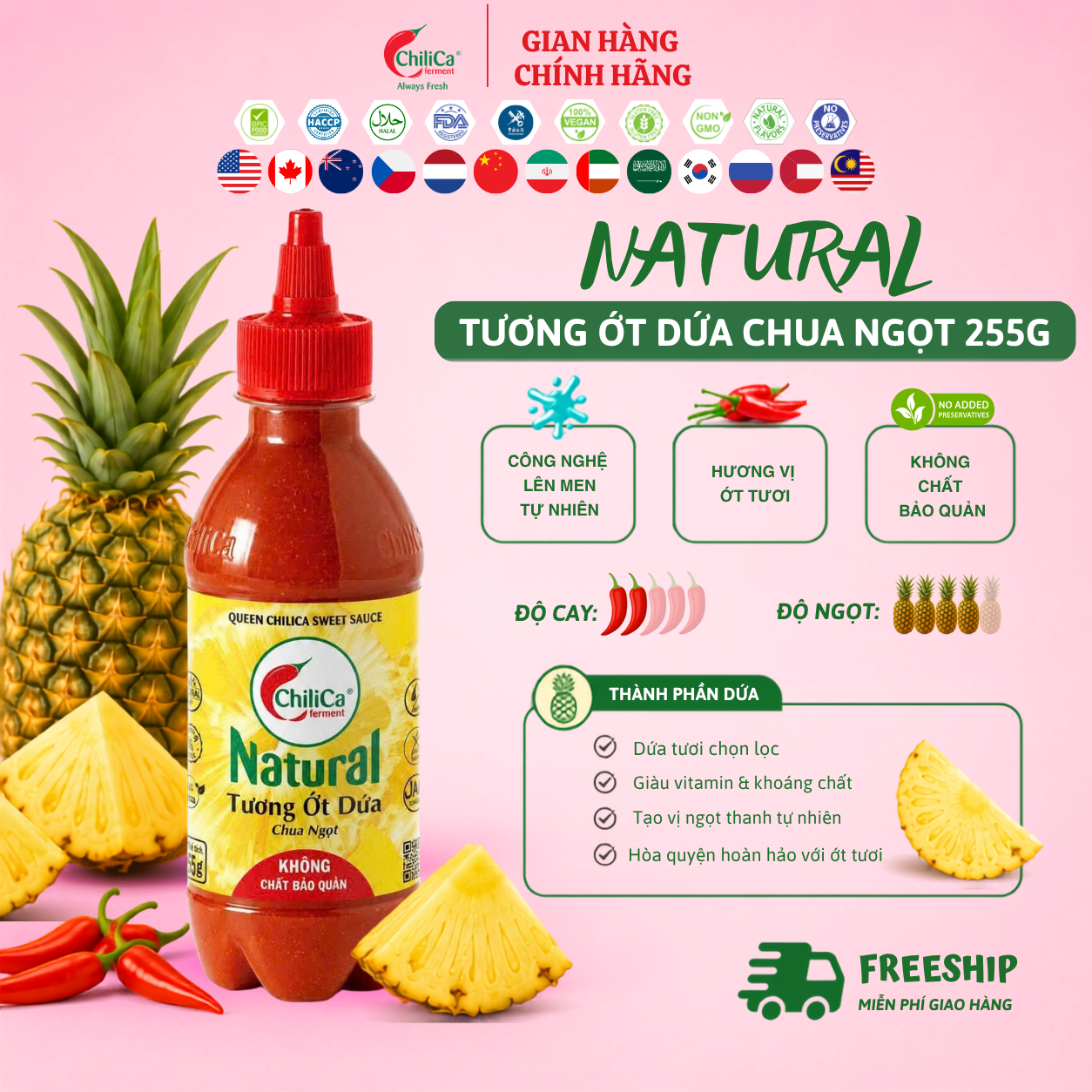 [KHÔNG CBQ] Natural Tương Ớt Dứa Chua Ngọt 255g - Lên Men Tự Nhiên, Không Chất Điều Vị, Không Hương Liệu