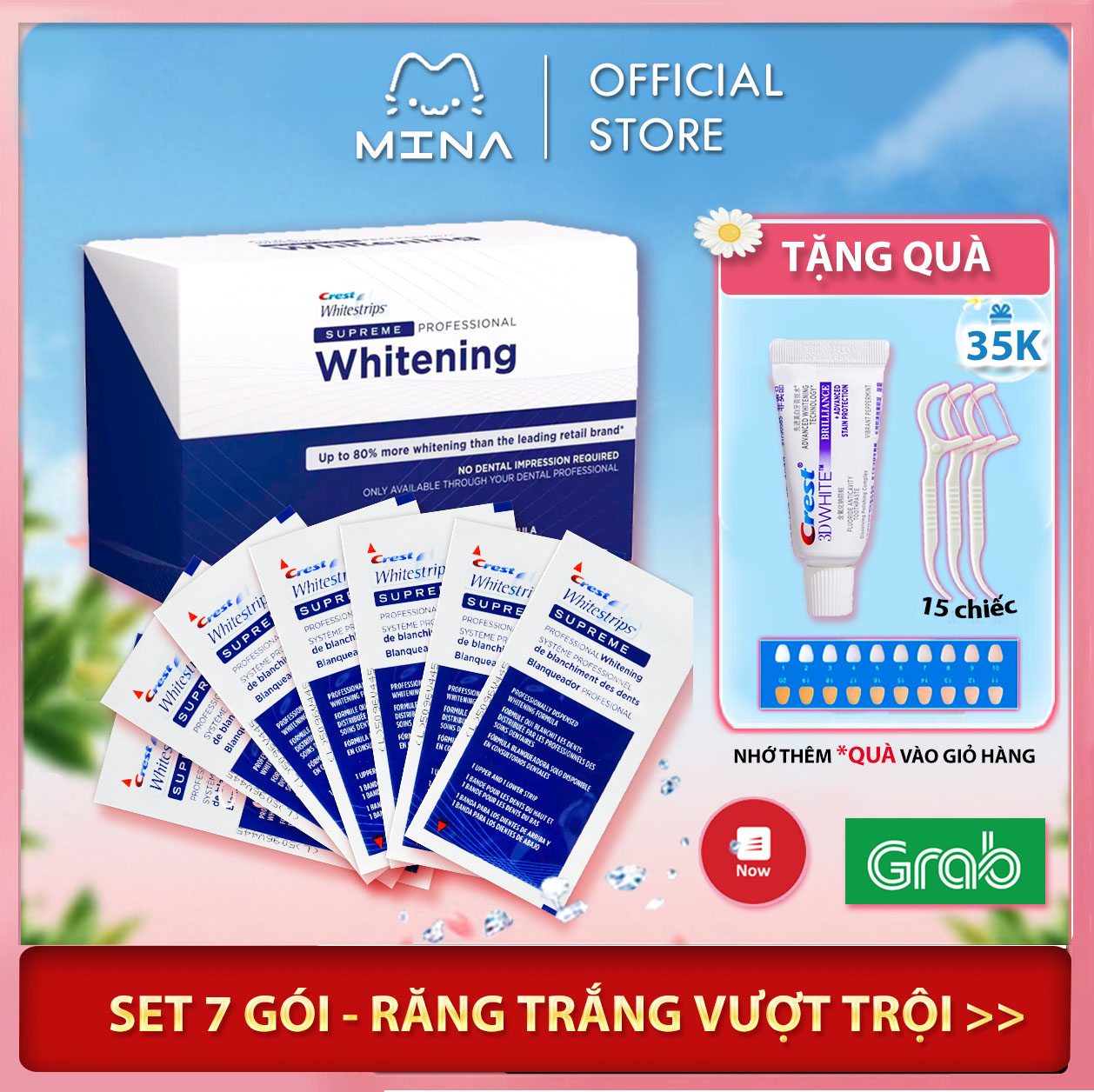 Set 7 gói miếng dán trắng răng Crest Supreme Professional chính hãng Mỹ -  giúp trắng răng vượt trội dành cho răng thường và răng khoẻ