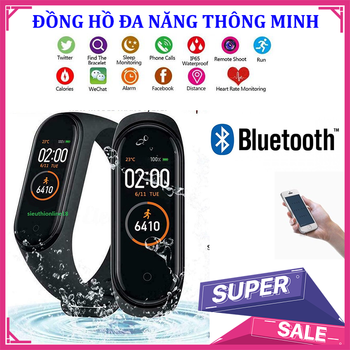 [Miễn Phí Vận Chuyển]Vòng đeo tay thông minh M4, đồng hồ thông minh chống nước, đo bước chân, theo dõi nhịp tim, đo huyết áp, theo dõi sức khỏe có thể sử dụng làm vòng tay cặp đôi tình yêu, tình bạn
