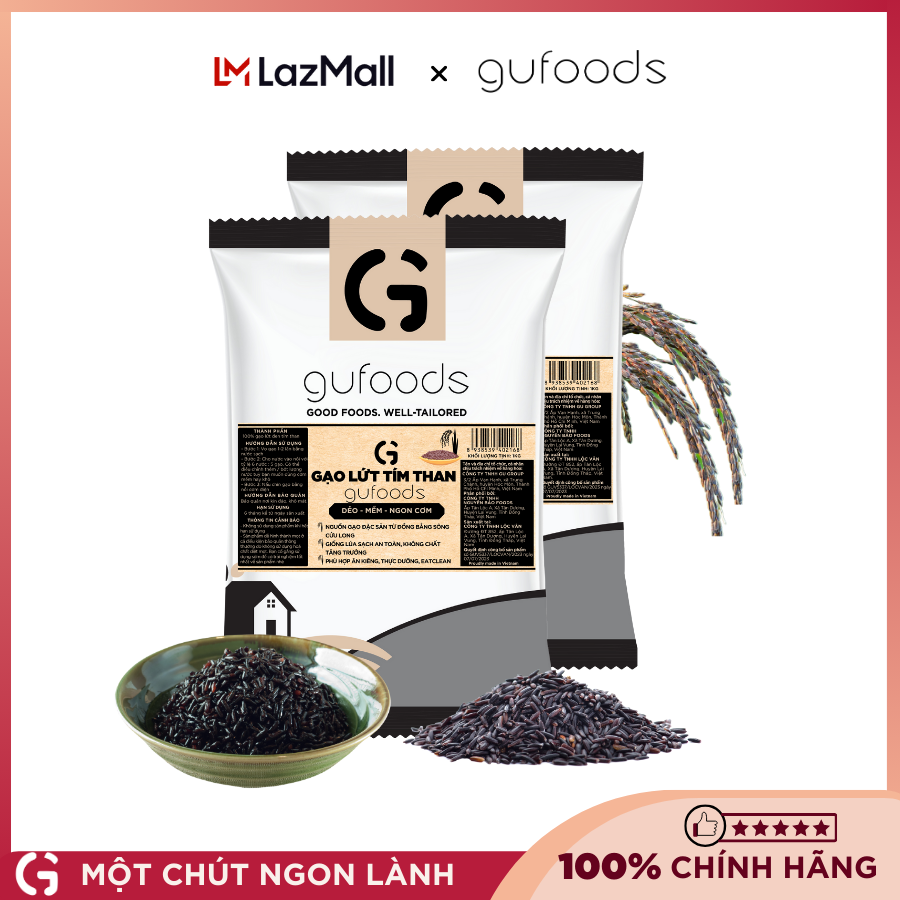 Combo 2 túi Gạo lứt đen tím than ăn kiêng GUfoods (mỗi túi 1kg) - Giảm cân, Thực dưỡng, Eat clean