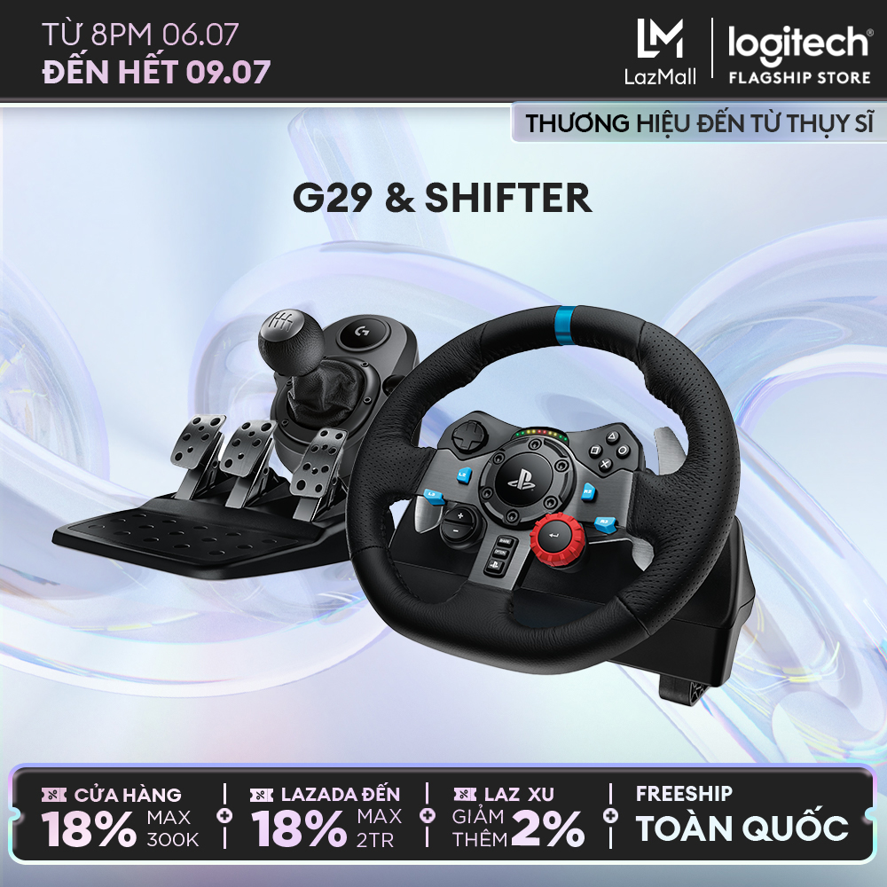 Vô lăng đua xe Logitech G29 Driving Force và bàn đạp thép không gỉ, tay lái bọc da thủ công, phù hợp PS5, PS4, PC, Mac