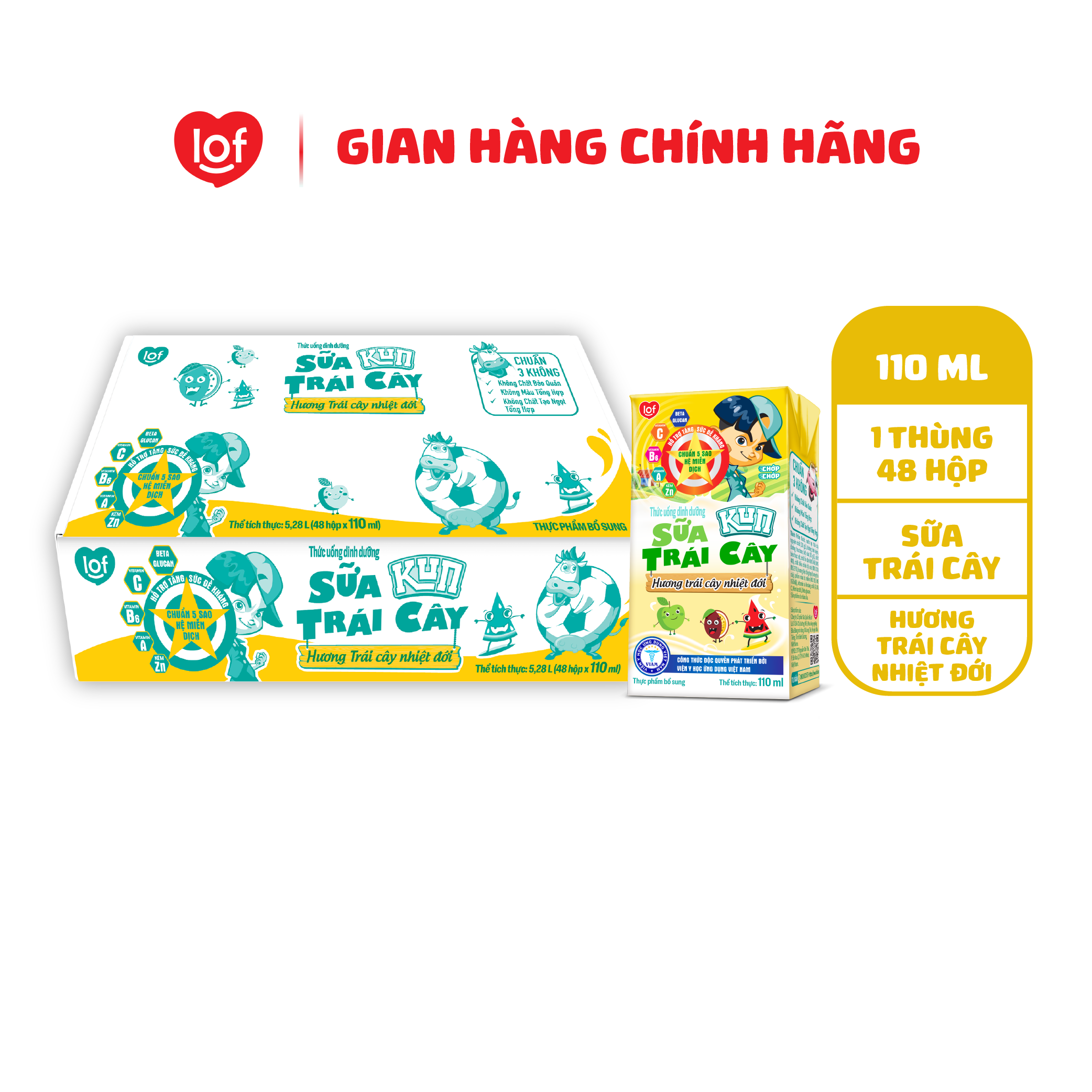 Kun sữa trái cây nhiệt đới thùng 48 hộp x 110ml
