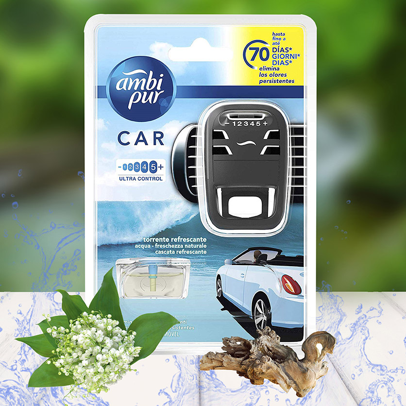 Bộ Tinh Dầu Thơm Ô Tô Ambi Pur Aqua 7ml .Tinh dầu ô tô – HOA LINH LAN,SUỐI MÁT. Nước hoa khử mùi ô tô.kháng khuẩn,chống say xe..Nhập khẩu từ châu âu.( gồm một máy và lọ tinh dầu Ambi Pur)