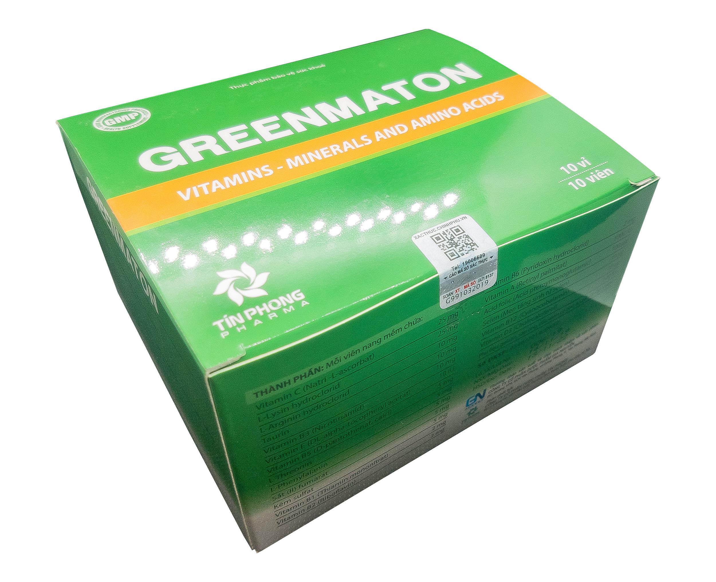 [HCM]Viên uống thực phẩm bảo vệ sức khỏe Greenmaton 100 viên bổ sung vitamin khoáng chất và acid amin thiết yếu cho cơ thể.