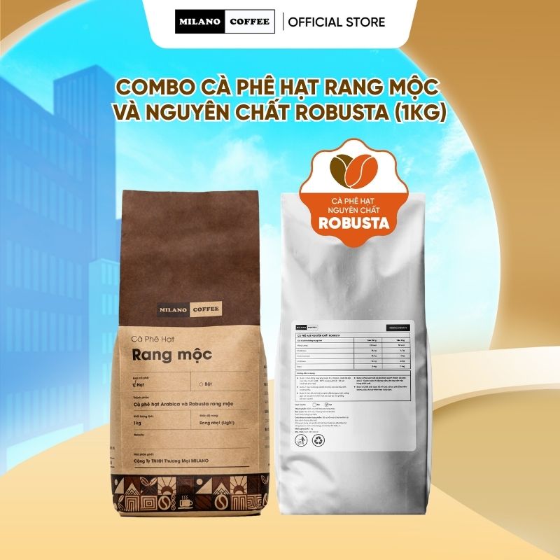 Combo cà phê hạt pha máy Milano Coffee - Cà phê hạt rang mộc và cà phê hạt nguyên chất Robusta (1kg)