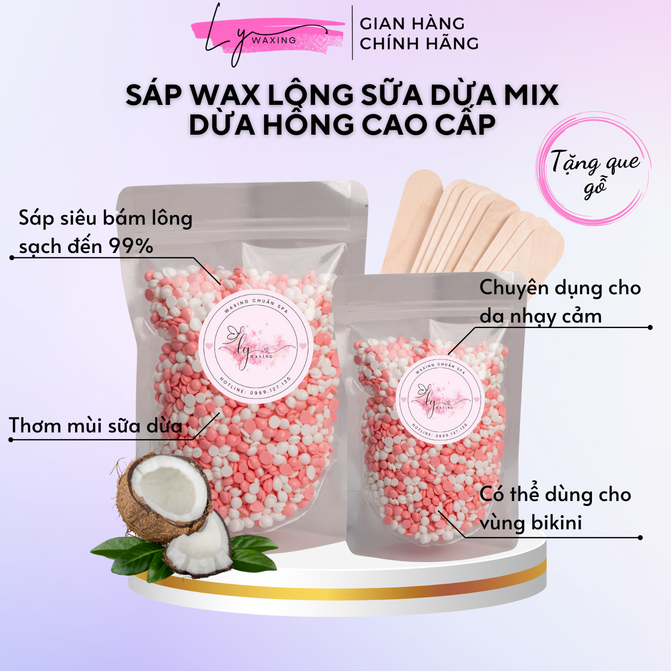  Sáp wax lông Sữa dừa mix dừa hồng LY WAXING cao cấp chuyên dụng cho da nhạy cảm wax lông nách bikini tặng que gạt 