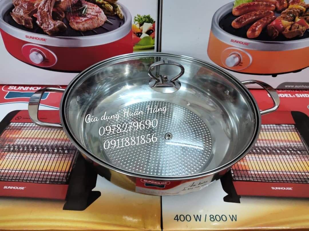 NỒI LẨU INOX VUNG KÍNH SUNHOUSE SHGP30G (ĐẾ SẦN CHỐNG DÍNH SIZE 30CM)