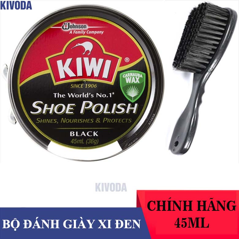 Combo 1 Xi Đánh Bóng Giày Đen Kiwi / Bàn Chải Đánh Giày Lông Ngựa CÁN DÀI - Đánh Bóng Giày Da Lau Giày Dạng Sáp - Xi Đen 45ML-KIVODA