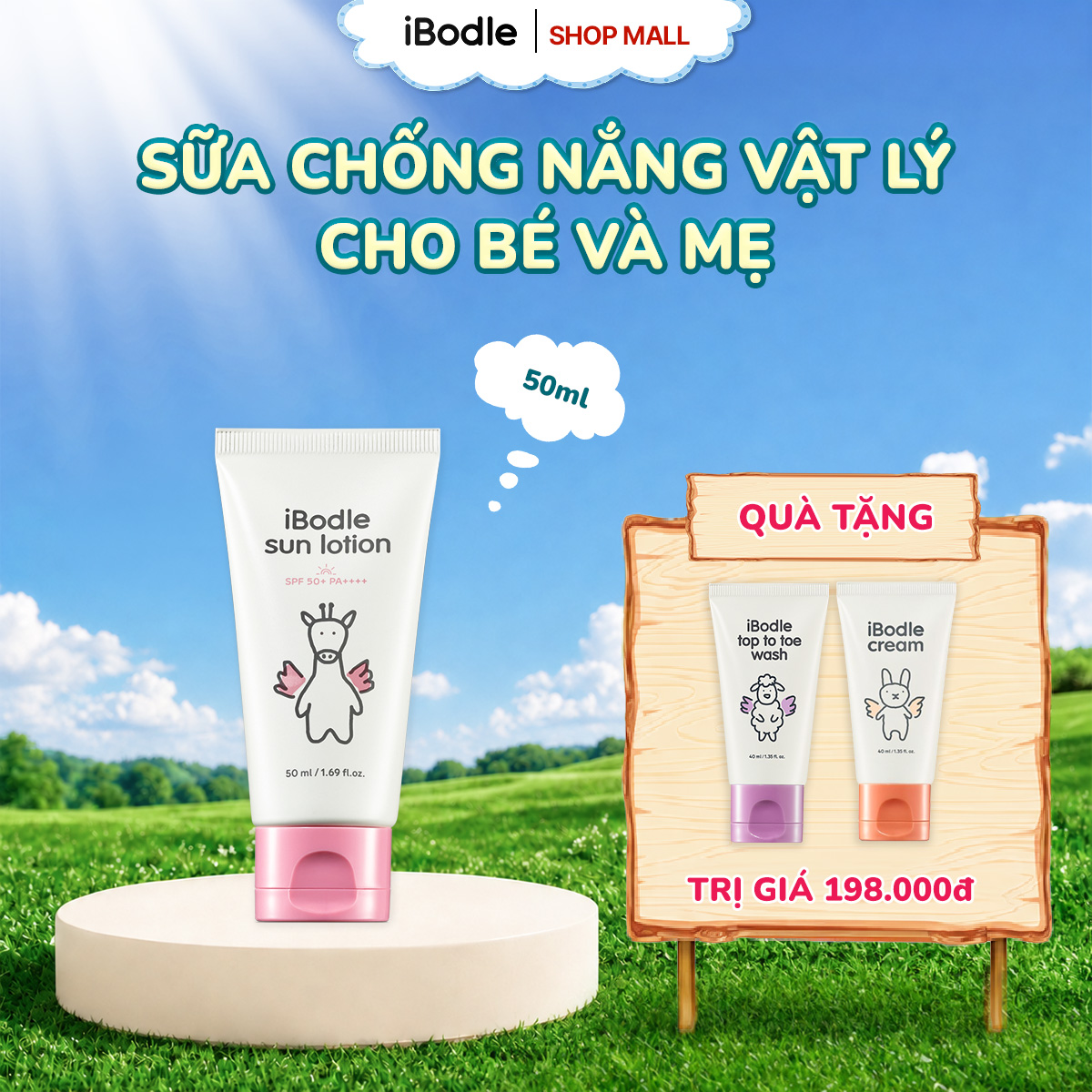 Kem Chống Nắng iBodle Sun Lotion SPF 50+ PA++++ Bảo Vệ Da Bé Khỏi Tia UV (50ml)