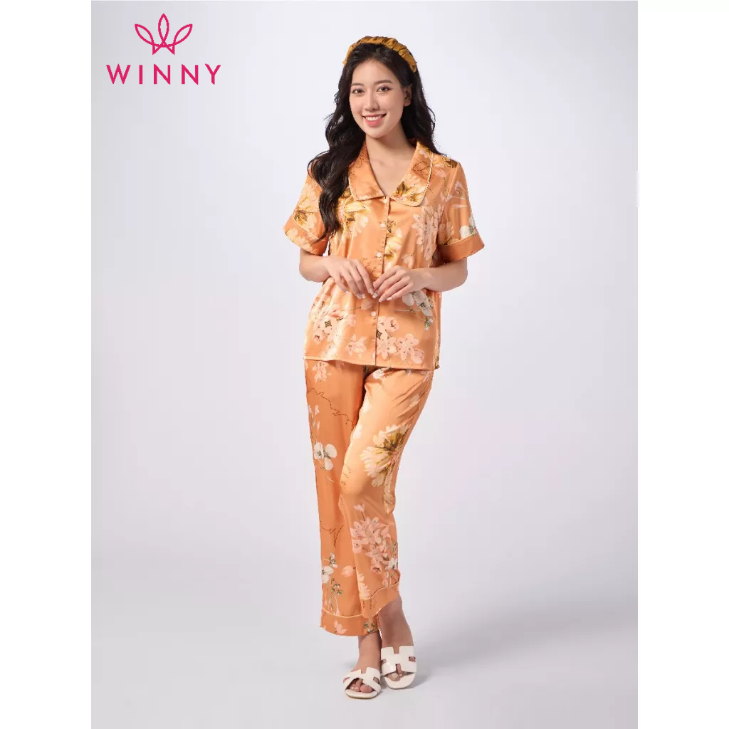 Winny - bộ đồ lụa cộc tay quần dài mặc nhà họa tiết hoa 1mnsa23102d
