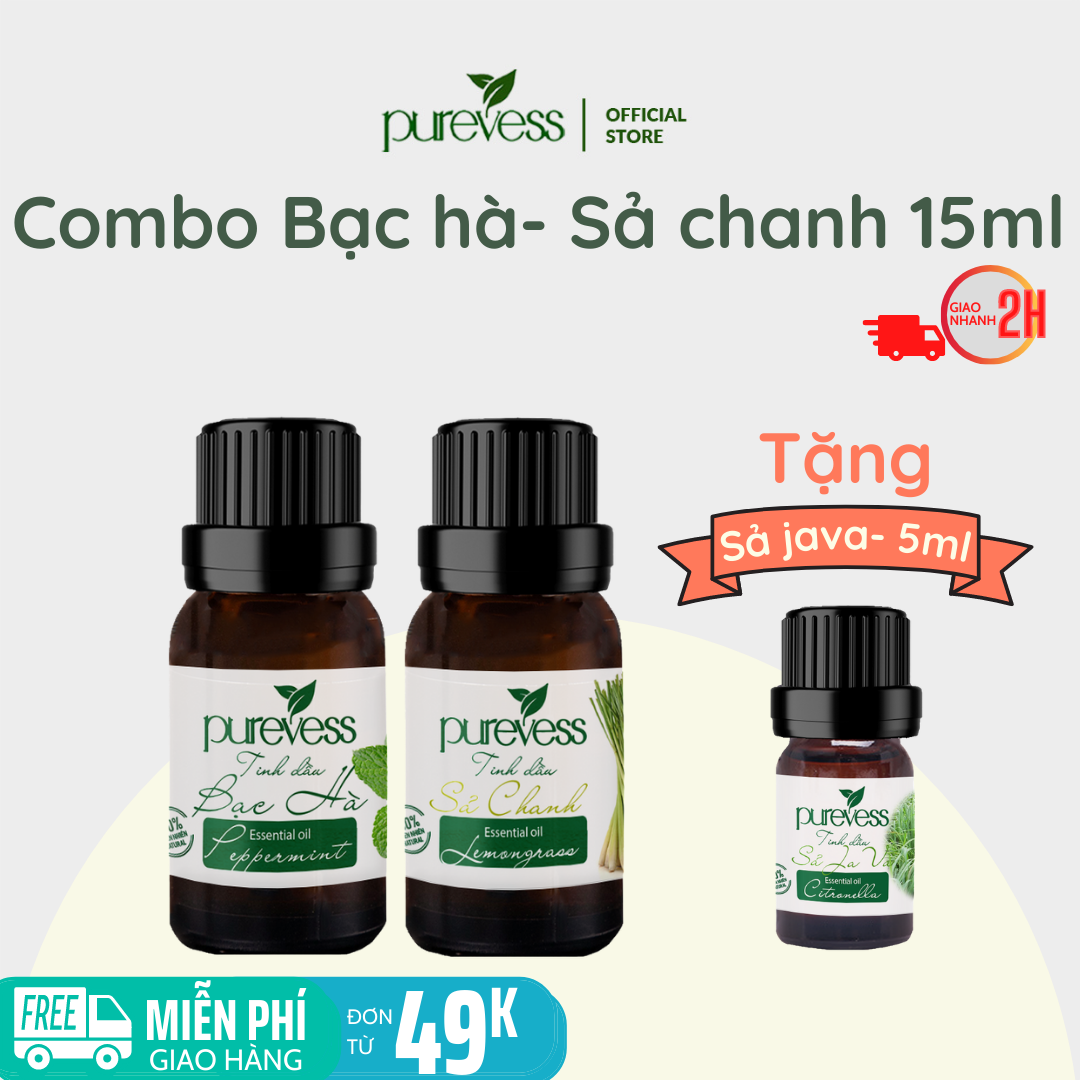 Tinh dầu xông phòng Purevess, tinh dầu Bạc Hà 15ml, tinh dầu Sả Chanh 15ml, tặng tinh dầu Sả Java 5ml