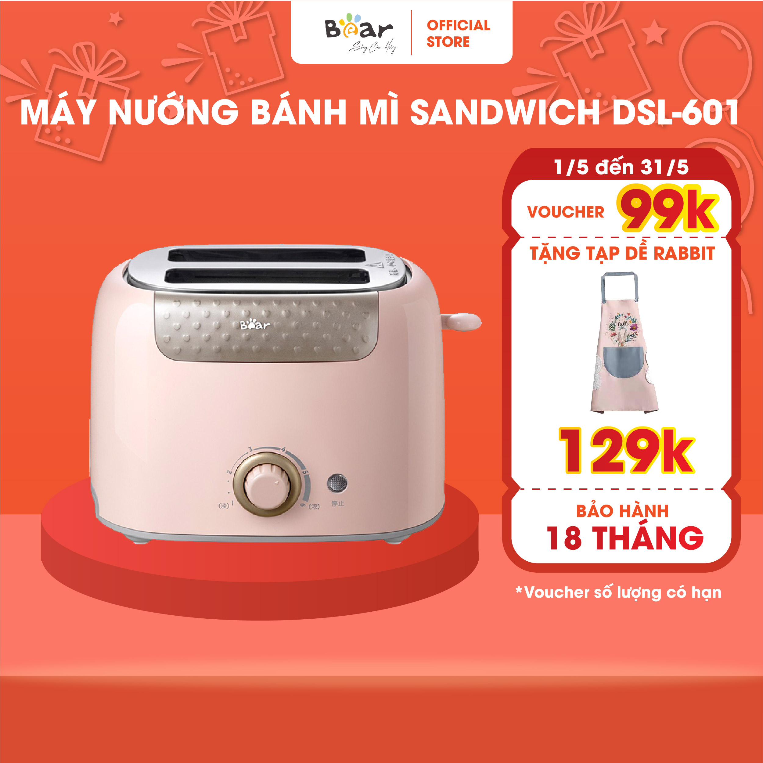Máy nướng bánh mì sandwich bear 6 mức điều chỉnh tích hợp chức năng nướng hẹn giờ tự động dsl-601