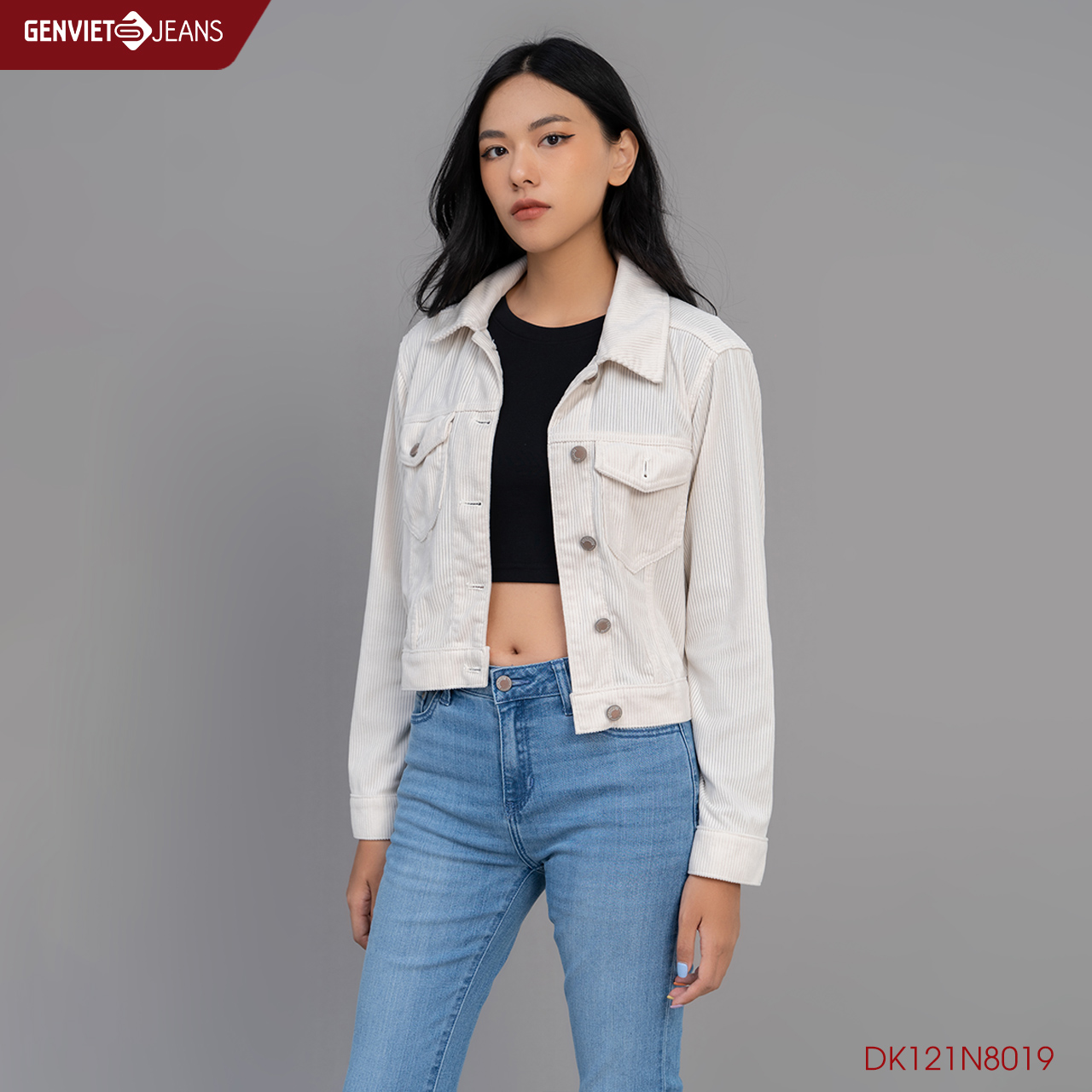 Áo khoác nhung nữ genviet jeans nhung tăm croptop lửng cao cấp dk121n8019