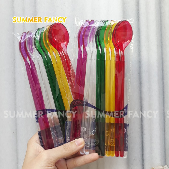 10 Cái Muỗng Nhựa Trong Nhiều Màu 20 Cm Sinh Tố, Trà Sữa, Cà Phê, Cocktail- Transparent Spoon