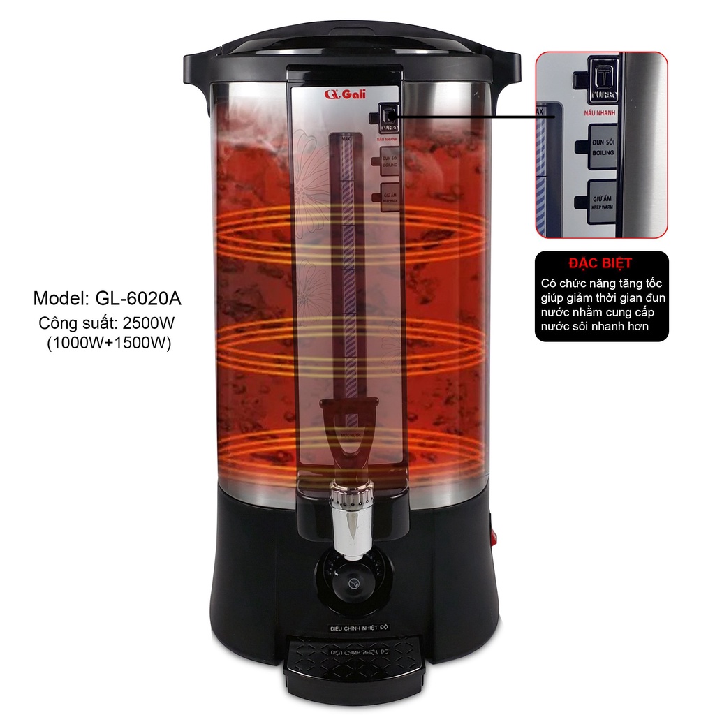 Bình đun nước công nghiệp Gali 6020A/2500w/ 20L thân và nắp 02 lớp inox hàng nhập khẩu chính hãng bảo hành 12 tháng