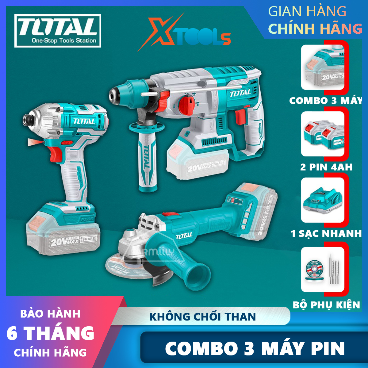Bộ combo 3 máy khoan động lực, máy mài góc và máy siết vít dùng pin 20V TOTAL TOSLI2301510 kèm 2 pin 4.0Ah 1 sạc