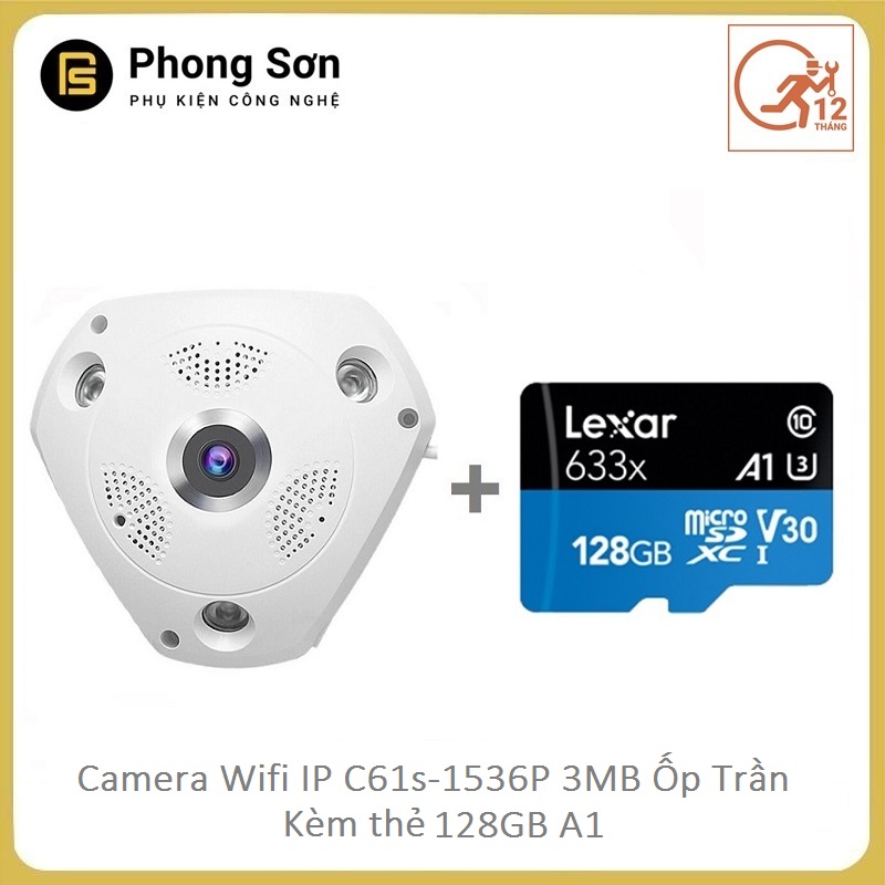 Camera wifi ip c61s fhd 1536p vstarcam ốp trần, góc rộng 180 độ, toàn cảnh 360