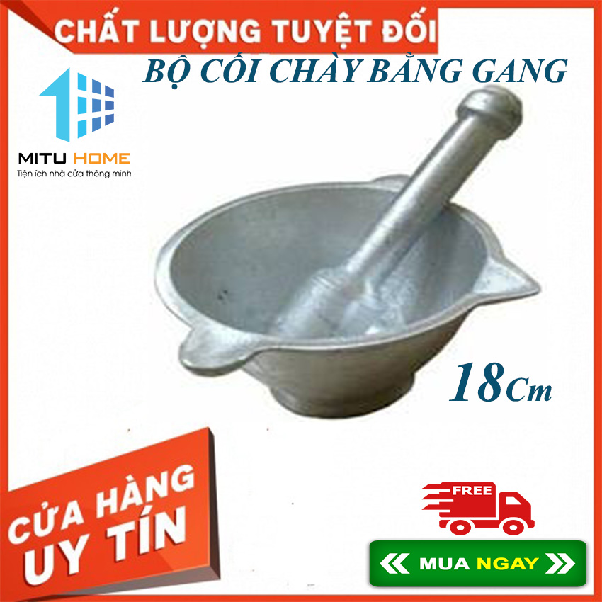 BỘ CỐI CHÀY BẰNG GANG ĐÚC 18cm - Mituhome - Sử dụng để giã hành, tỏi, các loại gia vị hoặc giã nhỏ cua, các loại thực phẩm
