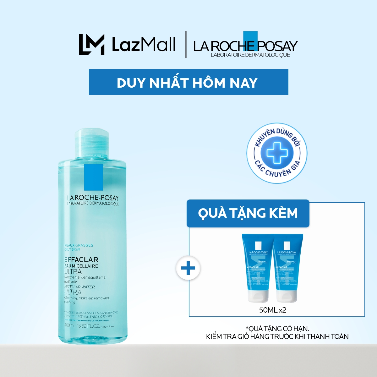 Nước làm sạch sâu và tẩy trang dành cho da mụn, da dầu nhạy cảm La Roche-Posay Effaclar Micellar Water 400ml