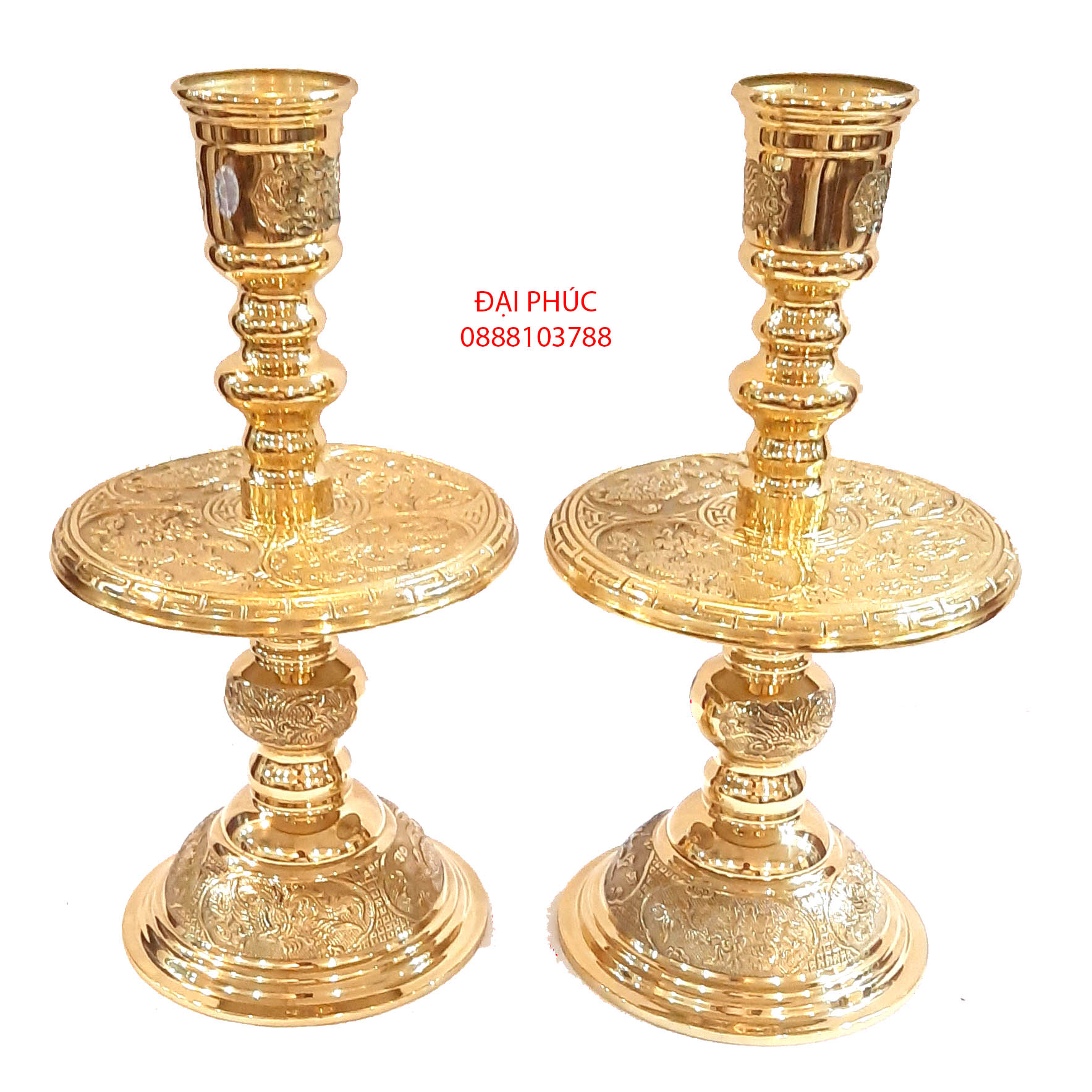 Đồ thờ - đôi chân nến Đức Thúy số 2 cao 33 cm nặng 3 kg màu vàng sáng bóng