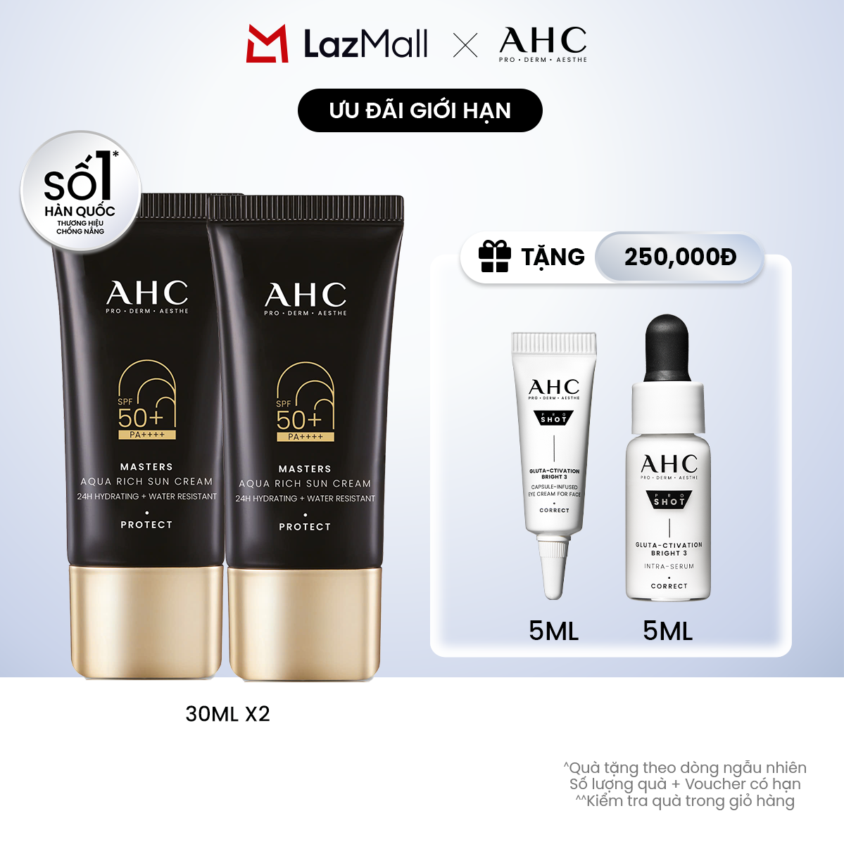   MUA 1 TẶNG 1  Kem chống nắng AHC phổ rộng 400nm căng mướt da chuẩn Hàn Masters Aqua Rich Sun Cream 30ml 