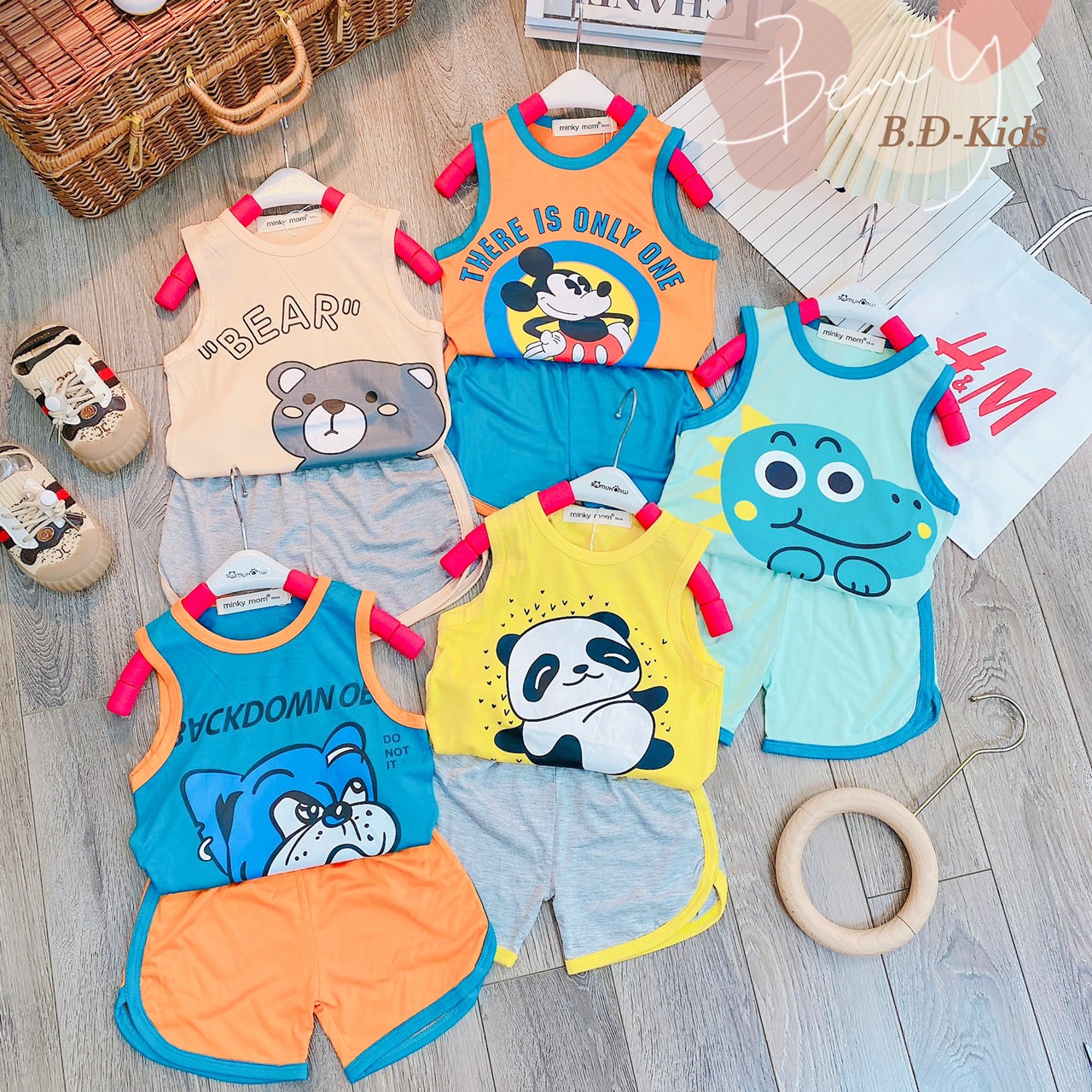 Bộ ba lỗ thun lạnh in hình minky mom mềm mịn mát cho bé trai bé gái từ 7-25kg