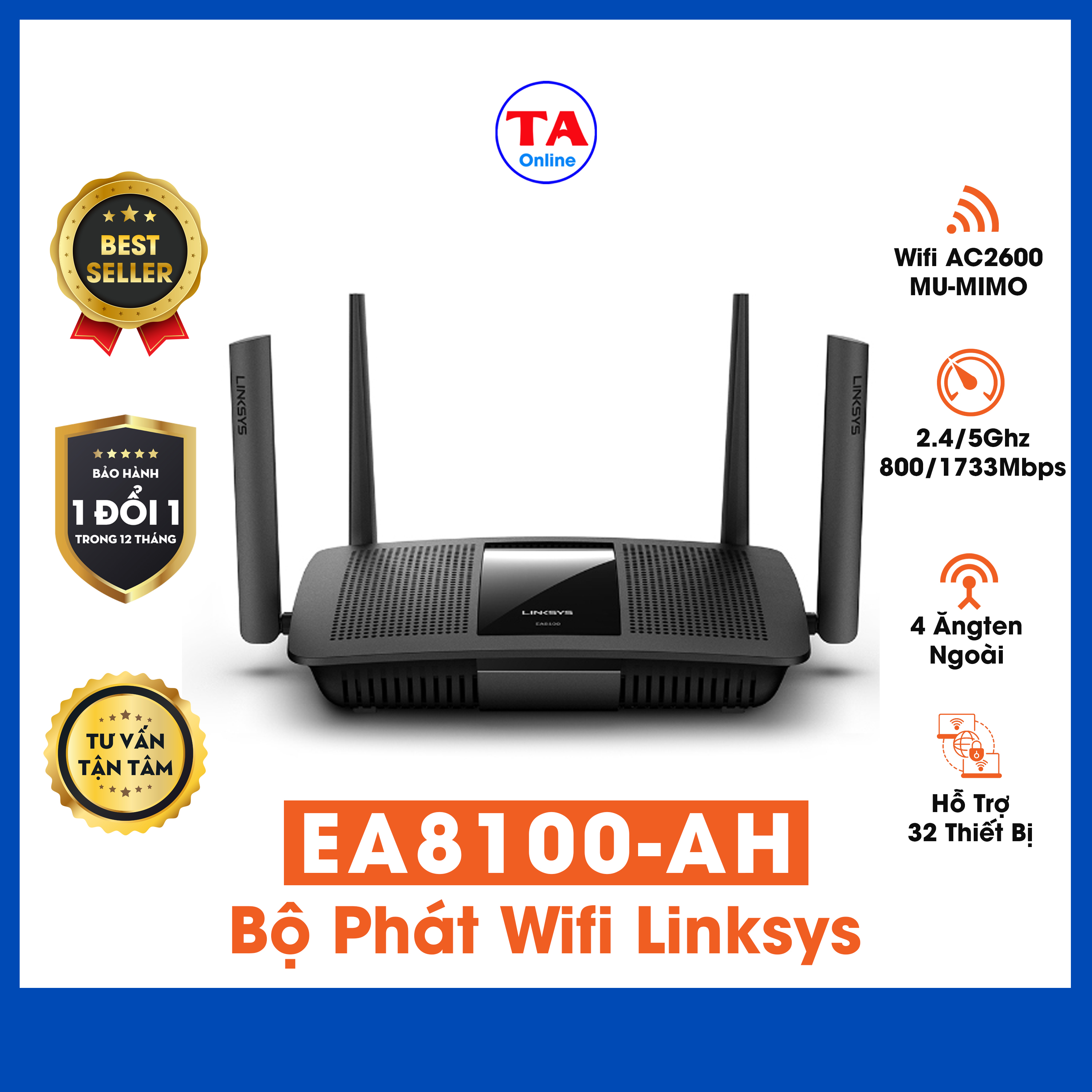 Router WiFi Linksys EA8100-AH - Băng tần kép chuẩn AC Wave2 MU-MIMO 4x4, Tốc độ 2600Mbps