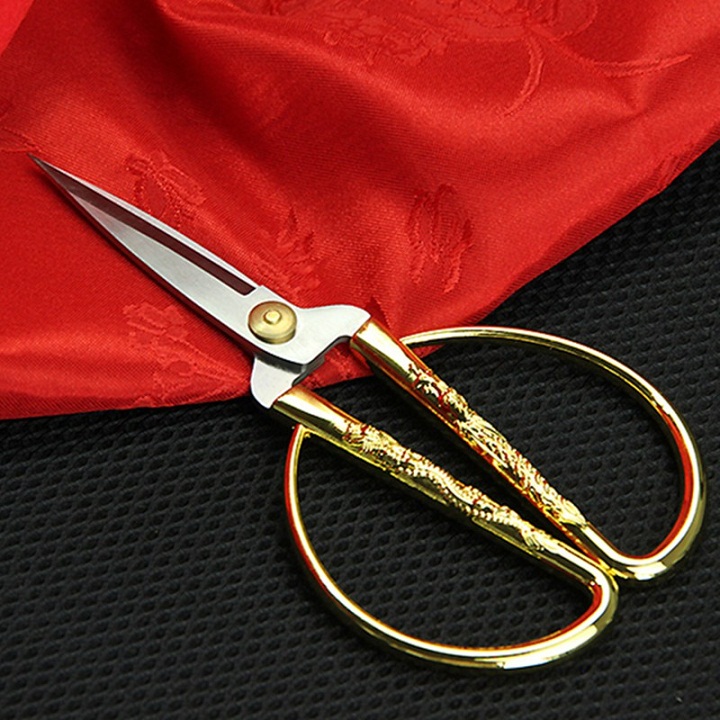 Kéo cắt băng khánh thành, cán vàng hình rồng phụng, dài 19cm