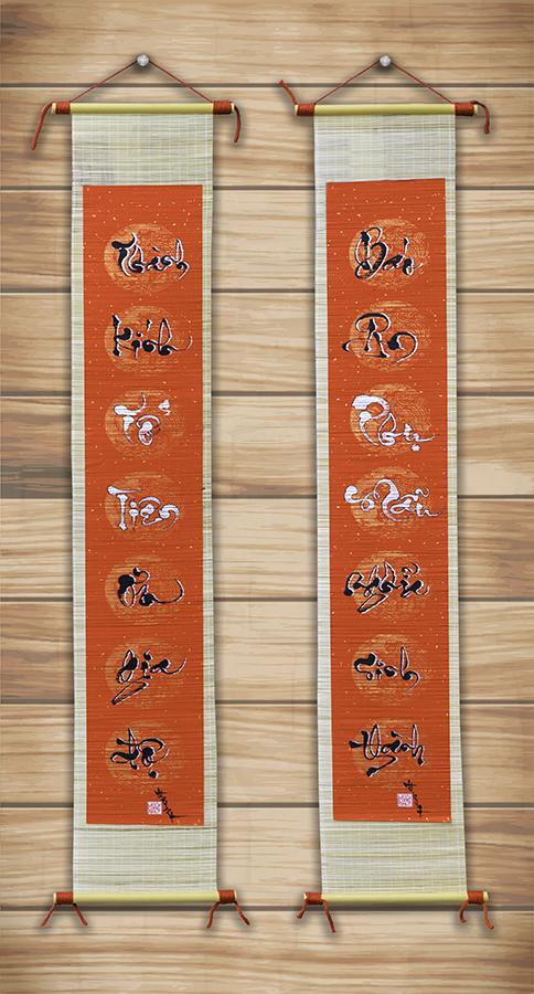 Câu đối tổ tiên. Câu đối thư pháp mành tre. Quà biếu tết. Câu đối trang trí bàn thờ gia tiên.