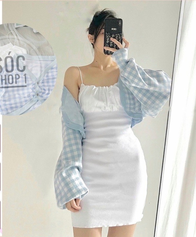 Sét Váy Ulzzang Mix Áo khoác kẻ kèm váy 2 dây trắng nhún Tay Phồng Hàn Quốc, Sét Váy Nữ,(Ảnh Thật)