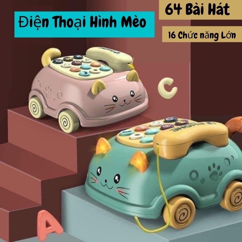 Đồ chơi ô tô điện thoại mèo kéo chạy pin, 64 bài hát, 16 chức năng cho bé
